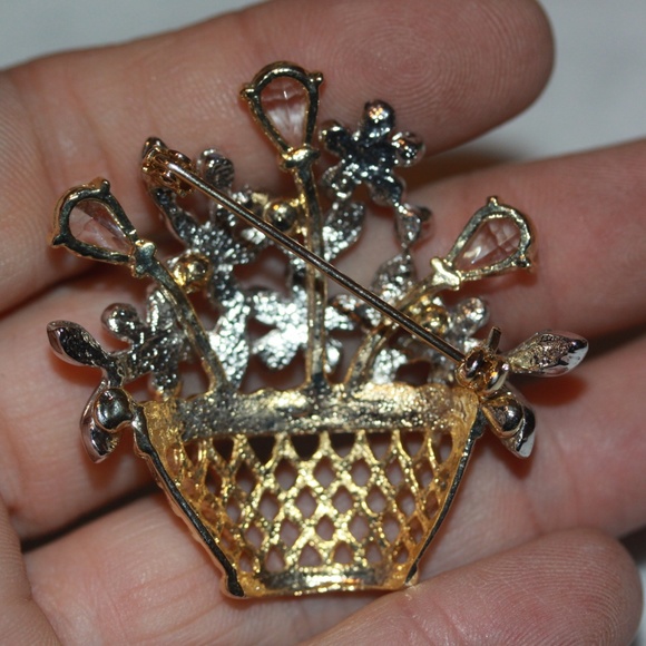 Large Flower Pot Glass Rhinestone Brooch Pin - Picture 3 of 4